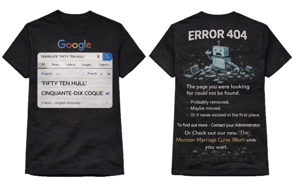Black t-shirt with a Google error 404 design on the front and back
