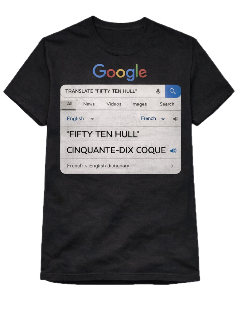 Black t-shirt with a Google translate interface design on a white background