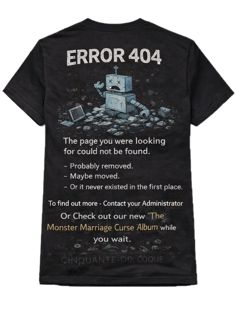 Black t-shirt with 'ERROR 404' graphic and text on a white background