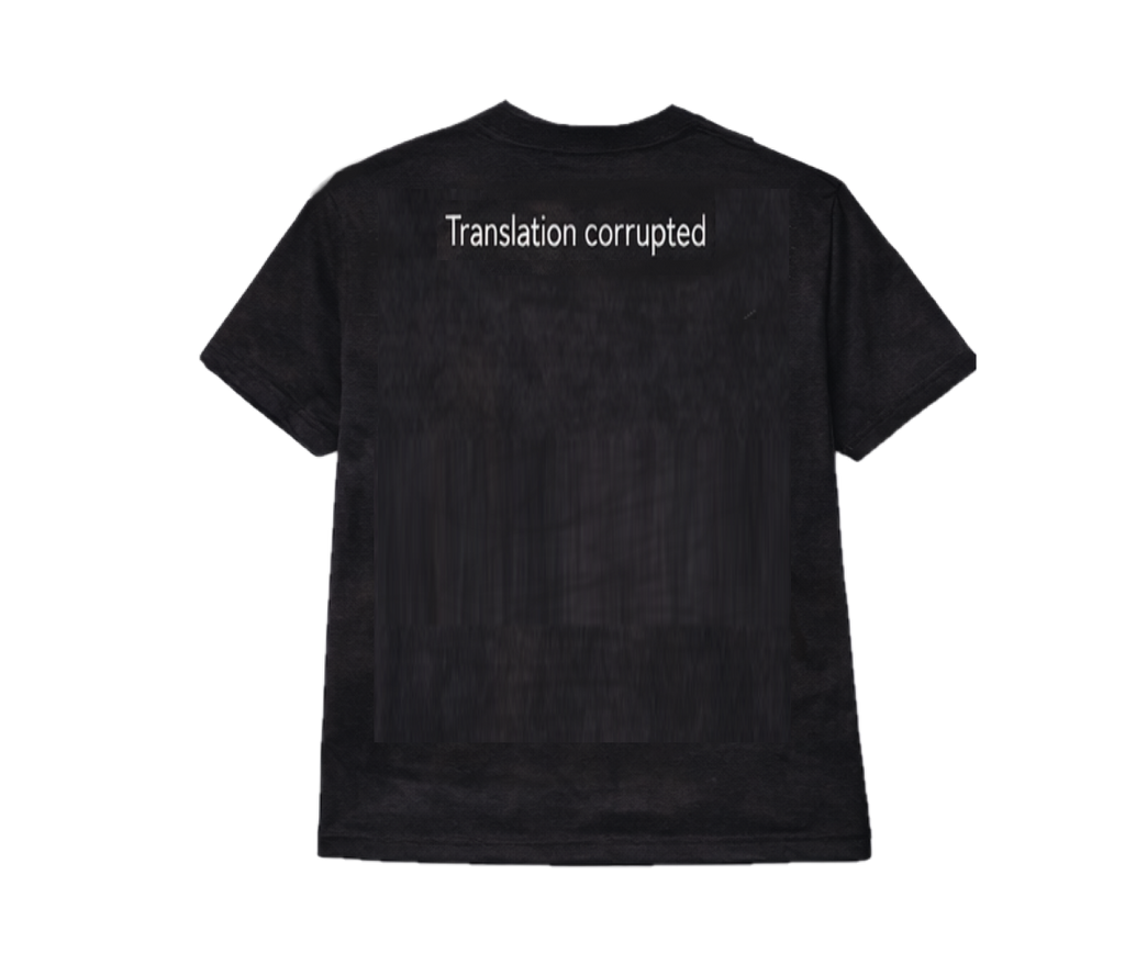 Black t-shirt with 'Translation corrupted' text on a white background